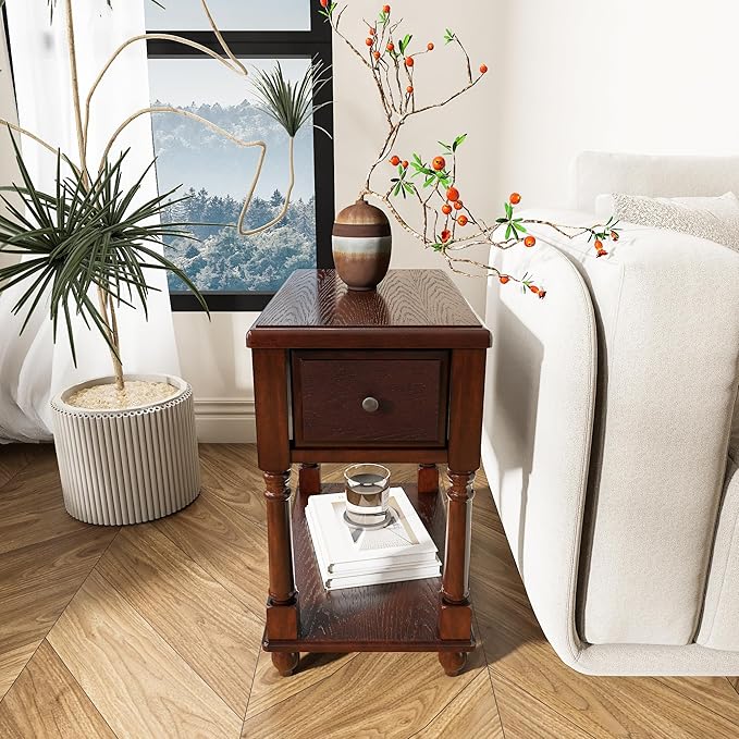 Narrow End Table with Drawer and Storage Shelf, Solid Wood Sofa Side Tables for Living Room, Slim Beside Table-, Vintage Telephone Tabless for Small Spaces, No-Tools Assembly Vintage Walnut BBJ004DWA