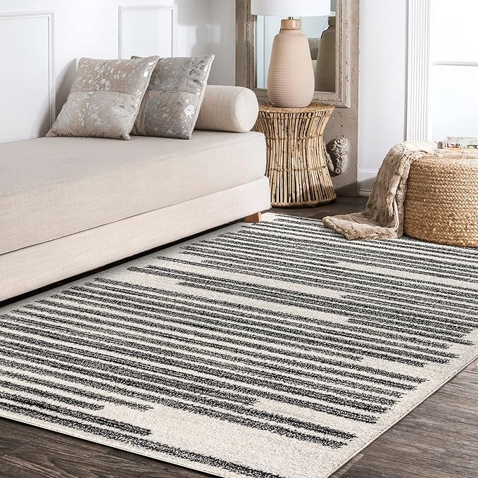 JONATHAN Y Khalil Modern Berber Stripe Cream/Black Indoor Area Rug, 9x12, Contemporary, Bohemian, Easy-Cleaning for Living Room, Bedroom, Kitchen, Pet Friendly, Non-Shedding (MOH207A-9)