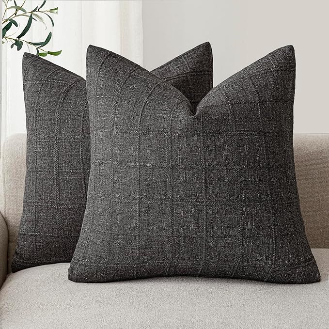 Foindtower Set of 2 Decorative Linen Check Throw Pillow Covers Neutral Farmhouse Vintage Cushion Covers Modern Boho Home Decor for Sofa Chair Couch Bedroom Living Room Outdoor,20×20 Inch,Charcoal