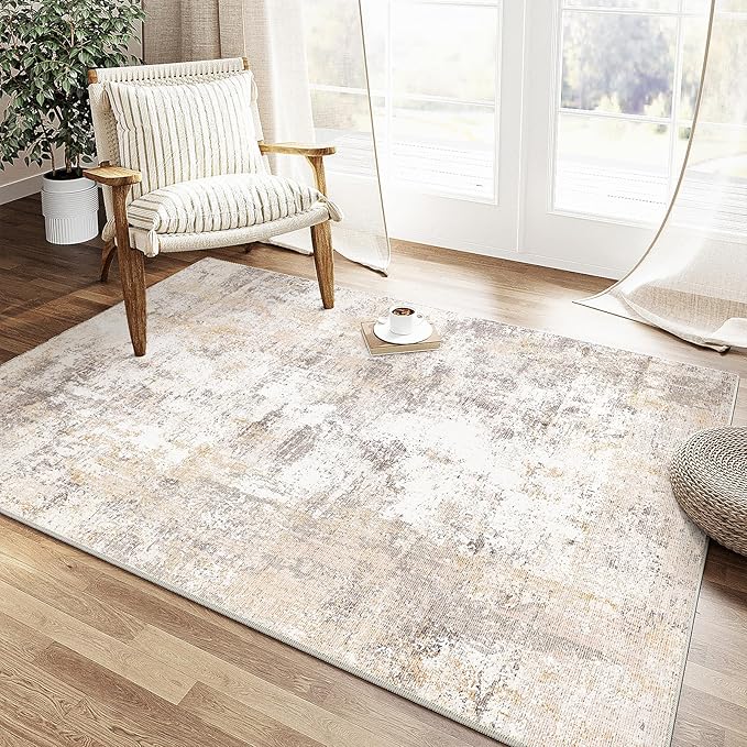 4x6 Washable Area Rug Beige Grey Neutral Abstract Entryway Kitchen Non Slip Low Pile Throw Rug Living Room Bedroom Indoor Doormat Soft Carpet for Entrance Bathroom Office