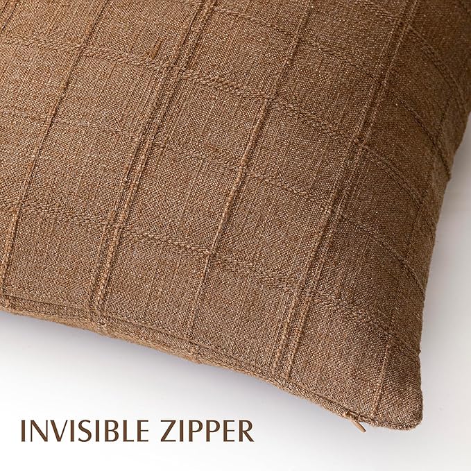 Foindtower Set of 2 Decorative Linen Check Throw Pillow Covers Neutral Farmhouse Vintage Cushion Covers Modern Boho Home Decor for Sofa Chair Couch Bedroom Living Room Outdoor,24×24 Inch,Brown Hazel