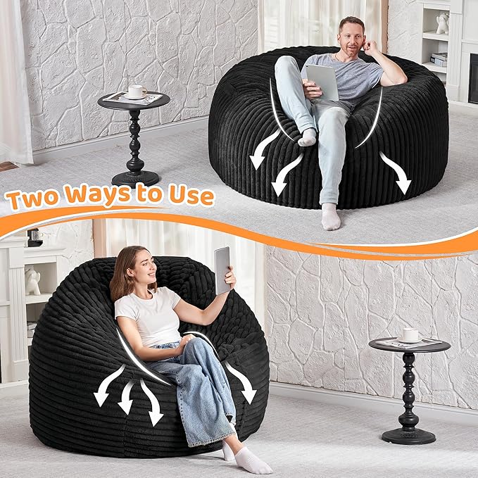 HABUTWAY 5FT Bean Bag Chair, 5' Large Bean Bag Chairs for Adults with Removable Stripe Plush Cover, Memory Foam Beanbag Chair for Living Room Bedroom Dorm (Black)
