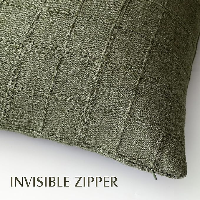 Foindtower Set of 2 Decorative Linen Check Throw Pillow Covers Neutral Farmhouse Vintage Cushion Covers Modern Boho Home Decor for Sofa Chair Couch Bedroom Living Room Outdoor,22×22 Inch,Olive Green