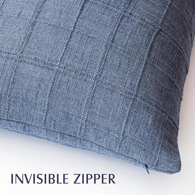 Foindtower Set of 2 Decorative Linen Check Throw Pillow Covers Neutral Farmhouse Vintage Cushion Covers Modern Coastal Boho Home Decor for Sofa Chair Couch Bedroom Living Room Outdoor,24×24 Inch,Blue