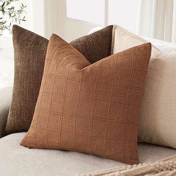 Foindtower Set of 2 Decorative Linen Check Throw Pillow Covers Neutral Farmhouse Vintage Cushion Covers Modern Boho Home Decor for Sofa Chair Couch Bedroom Living Room Outdoor,24×24 Inch,Orange