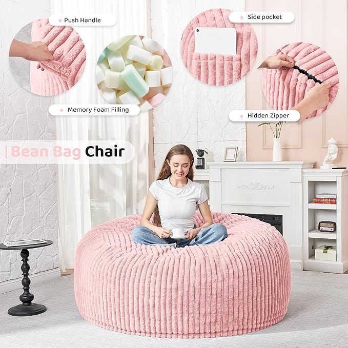 HABUTWAY 4FT Bean Bag Chair, 4' Large Bean Bag Chairs for Adults with Removable Stripe Plush Cover, Memory Foam Beanbag Chair for Living Room Bedroom Dorm (Tender Pink)