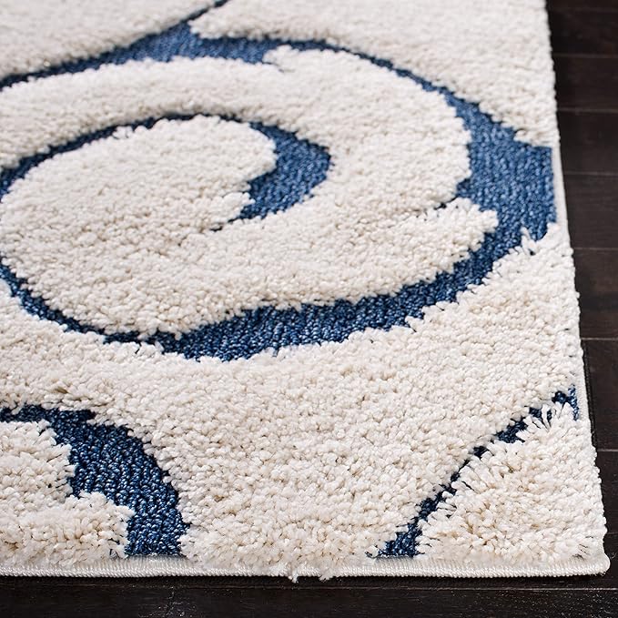 SAFAVIEH Florida Shag Collection Runner Rug - 2'3" x 11', Cream & Blue, Scroll Design, Non-Shedding & Easy Care, 1.2-inch Thick Ideal for High Traffic Areas in Living Room, Bedroom (SG455-1165)