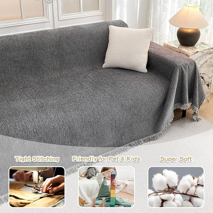 MYSKY HOME Couch Cover for Sofa Couch Covers for Pets, Non Slip Dogs Furniture Protector with Tassels for Living Room Non Slip Washable Furniture Protector Cover for Pet, Cat, 91"x118", Dark Grey