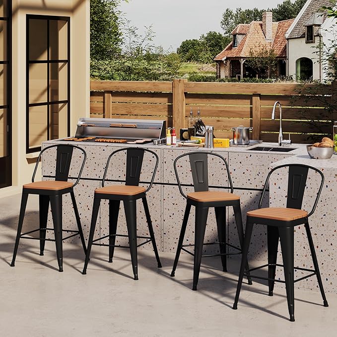 Outdoor Metal Bar Stools Set of 4,26 inch Barstools Counter Height Bar Stool with High Back Farmhouse Kitchen Dining Chairs Bar Funiture for Outside