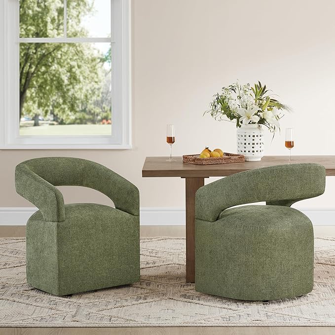 Upholstered Dining Chairs with Removable Casters Barrel Side Armchair with Rollers for Diningroom Bedroom Livingroom Reading Room, Green, 1PCS