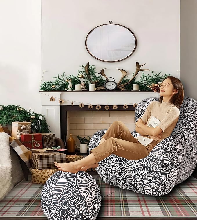 Bean Bag Chair - Memory Foam Bean Bag Chair for Adults, Comfy High-Resilience Single Sofa, Small Space Floor Chair, Chaise Lounge for Living Room, Bedroom (Black White, Ball)
