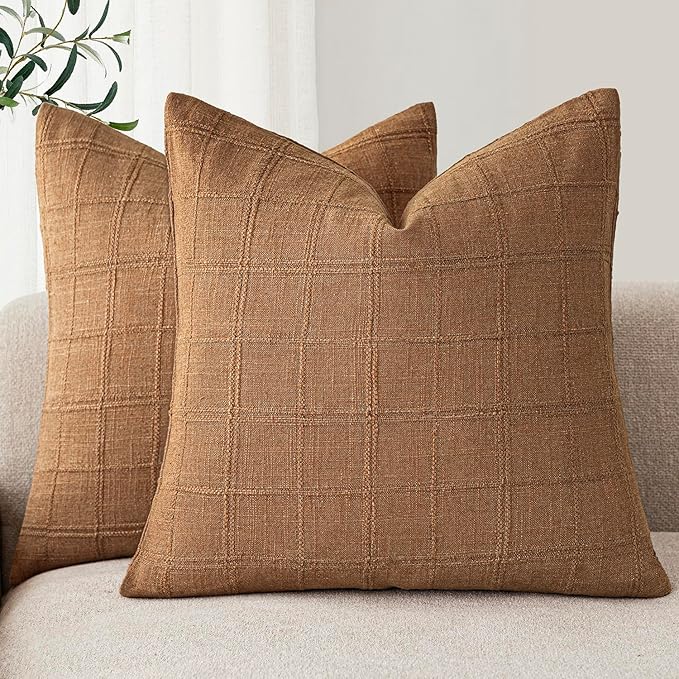 Foindtower Set of 2 Decorative Linen Check Throw Pillow Covers Neutral Farmhouse Vintage Cushion Covers Modern Boho Home Decor for Sofa Chair Couch Bedroom Living Room Outdoor,20×20 Inch,Brick