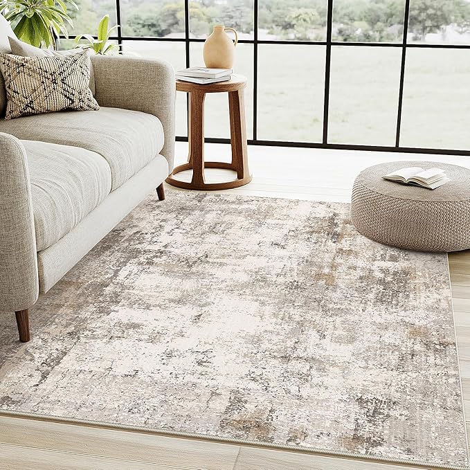 4x5 Washable Area Rug Brown Grey Neutral Abstract Entryway Kitchen Non Slip Low Pile Throw Rug Living Room Bedroom Indoor Doormat Soft Carpet for Entrance Bathroom Office