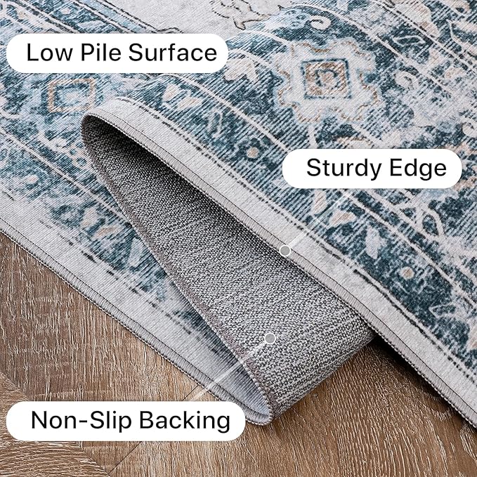 GENIMO 5x7 Area Rugs for Living Room, Machine Washable Rug, Non Slip Vintage Rugs, Low Pile Lightweight Chenille Print Indoor Rug for Bedroom, Dining Room, Home Office, Blue