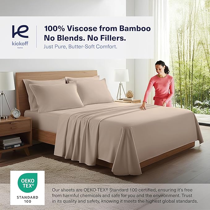 Kickoff Viscose Bamboo Sheets Twin Size 3-pc 100% Organic Bamboo Viscose Bed Cooling Sheets Twin Size Set Cool Bedding for hot Sleepers Sheet, Flat, Fitted, Pillowcase (Iced Latte, T)