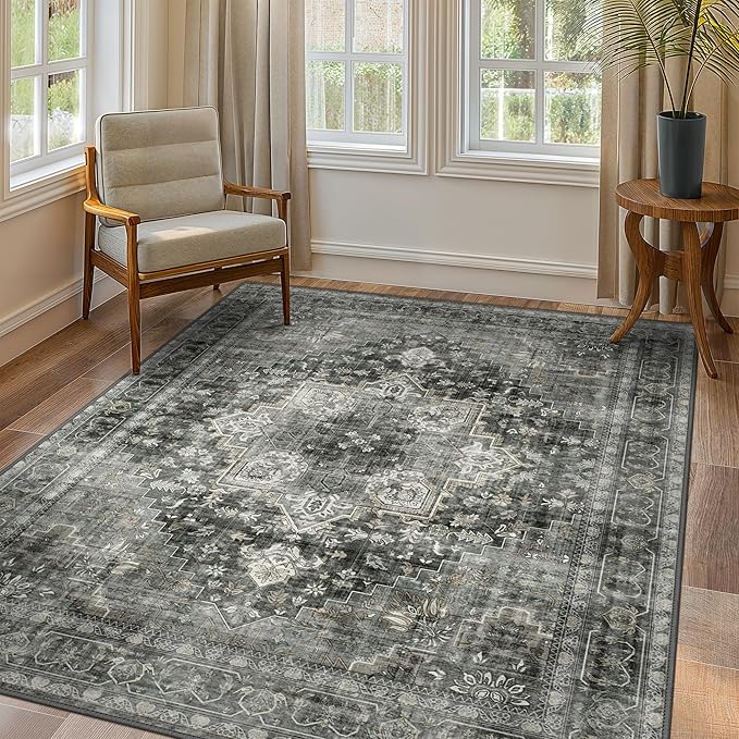 GENIMO 5x7 Area Rugs for Living Room, Machine Washable Non Slip Vintage Rugs, Low Pile Lightweight Chenille Print Rug for Bedroom, Dining Room, Home Office,Charcoal Gray