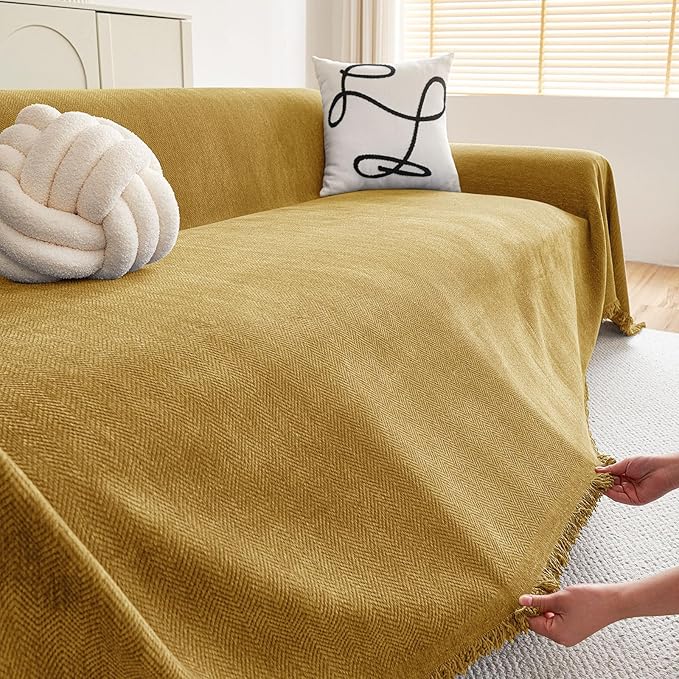 hyha Couch Cover for Dogs, Boho Sofa Covers for 3 Cushion Couch Washable, Chenille Sofa Slipcover for Pets, Soft Loveseat Sectional Couch Throw Blankets with Tassels (Yellow, 71x118 Inch)
