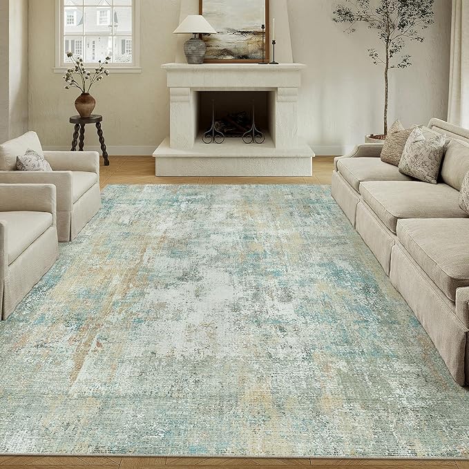 8x10 Washable Area Rug Teal Beige Modern Neutral Abstract Living Room Bedroom Indoor Floor Carpet Low Pile Soft Non-Slip Lightweight Vacuumable Large Throw Rug for Nursery Dining Room