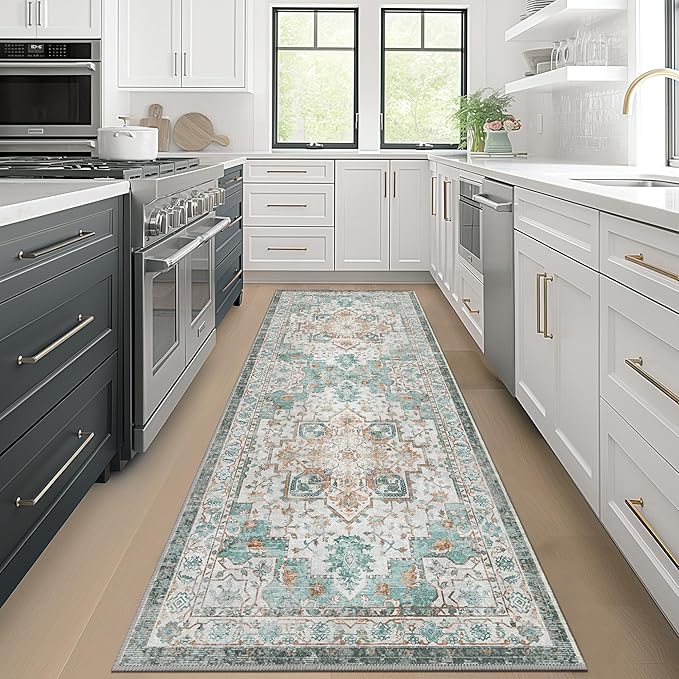 GENIMO 2x5 Runner Rugs for Hallway, Machine Washable Non Slip Vintage Rugs, Low Pile Lightweight Soft Print Rug for enrtyway, Corridor, Home Office, Kitchen, Cyan