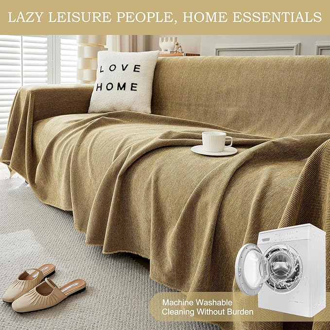 STACYPIK Wear-Resistant Chenille Sofa Cover, Non Slip Couch Cover for Dogs, Washable Pets Protector for 2 Cushion Sofa, Brown Herringbone Sofa Covers Sectional Couch Covers for Living Room-71X118IN