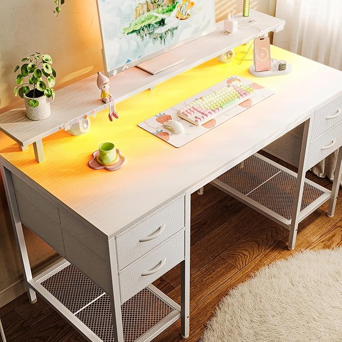 Huuger 47 inch Computer Desk with 4 Drawers, Gaming Desk with LED Lights & Power Outlets, Home Office Desk with Large Storage Space for Bedroom, Work from Home, White