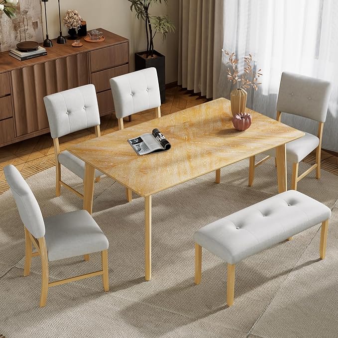 Ball & Cast 6 Piece Dining Room Table Set for 6,Rustic Farmhouse Dining Room Rectangular Table with Upholstered Chairs and Bench,Wood Dining Furniture for Kitchen,Natural Wood Wash