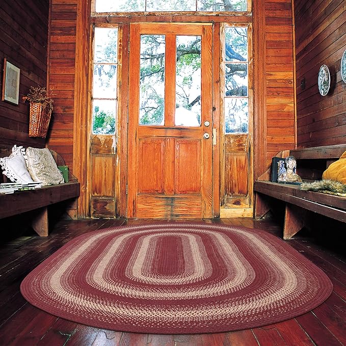 Autumn Maple Burgundy and Tan Braided Oval Area Rugs, Jute, 5x8' - Rustic Primitive Decor for Living Room, Dining Room, Everywhere