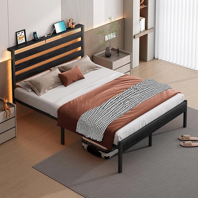 14 Inch Classic Metal Platform Bed Frame-Full Size Bed Frame with Headboard,Steel Slats Support-LED Bed Frame with USB Charging Station,Under Bed Storage,No Box Spring Needed,Noise Free