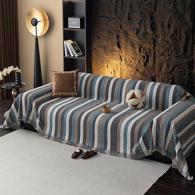 STACYPIK Boho Jacquard Leaves Sofa Cover, Blue Geometric Couch Cover for Dog, Washable Furniture Protector for 3 Cushion Couch, Non Slip Sectional Cover for Loveseat, L Shape Sofa Slipcovers-71X134IN