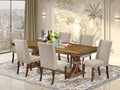 NEFL7-AWA-04-7-Piece Dining Table Set Includes a Rectangular Table and 6 Light Tan Linen Fabric Kitchen Chairs with Padded Chair Back - Antique Walnut Finish.