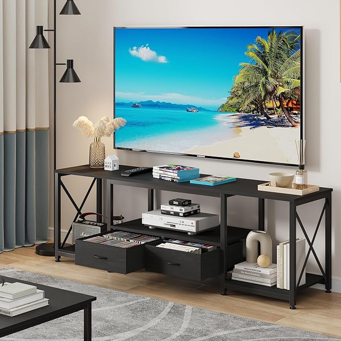 TV Stand with Fabric Drawers for 55 60 65 Inches TV - Entertainment Center and Industrial TV Console Table with Open Storage Shelves for Living Room, Bedroom - 55.1" Black