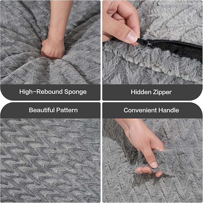 Hobestluk 5ft Bean Bag Chairs for Adults Large Beanbag Chair with Chevron Plush Fur Cover Big Bean Bag Chair for Living Room Bedroom Dorm Office - Grey (50” x 50” x 24”)