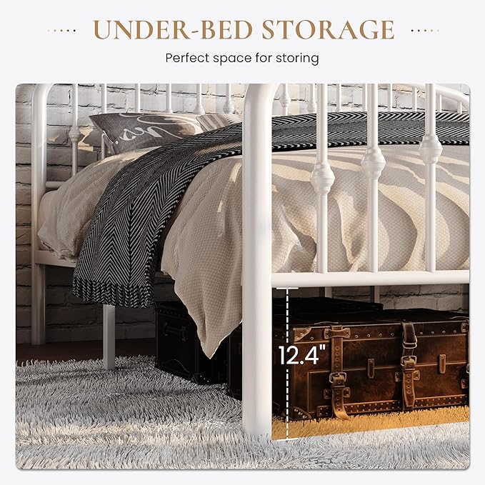 SHA CERLIN King Size Metal Platform Bed Frame with Victorian Style Wrought Iron-Art Headboard/Footboard, No Box Spring Required, White