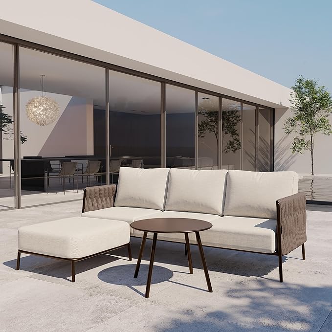 EAST OAK Life Chatter Patio Furniture Set, Outdoor Furniture Sectional Sofa Set with Round Coffee Table, 4 Seats Sofa Deep Seating with Thick & Washable Cushions, Chestnut Brown & Creamy Apricot