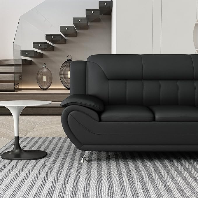 Container Furniture Direct Michael Modern Faux Leather Upholstered Stainless Steel Legs Living Room Sofa, Midnight Black