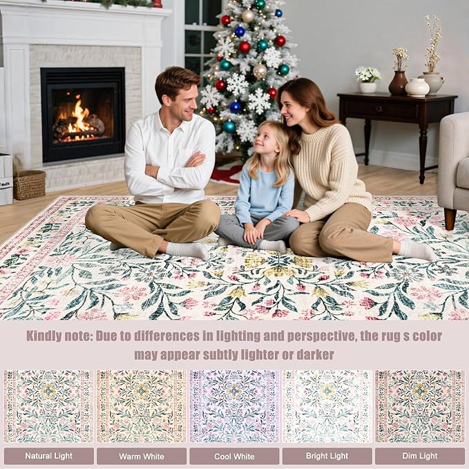 8x10 Area Rugs for Living Room: Floral Washable Rug Vintage Large Soft Boho Non-Slip Carpet Indoor Stain Resistant Low Pile Carpets for Bedroom Dining Room Farmhouse Nursery Home Office Pink Green