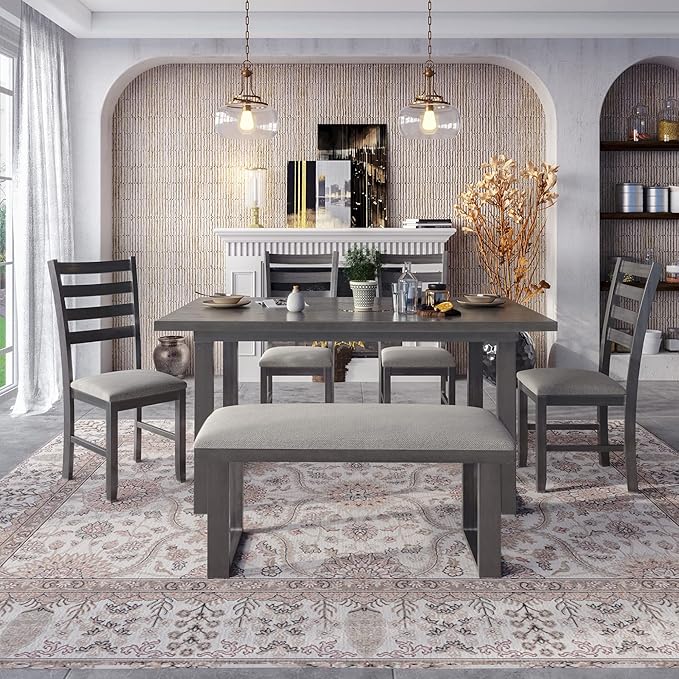 6 Pieces Dining Table Set with 60" Rectangle Kitchen Desk,Wooden Living Room Furniture W/ 4 Ladder Back Upholstered Chairs and 1 Bench,for Restaurant,Home Bistro,Gray