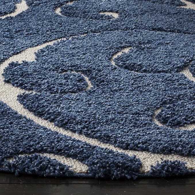 SAFAVIEH Florida Shag Collection Area Rug - 4' Square, Dark Blue & Cream, Scroll Design, Non-Shedding & Easy Care, 1.2-inch Thick Ideal for High Traffic Areas in Living Room, Bedroom (SG455-6511)