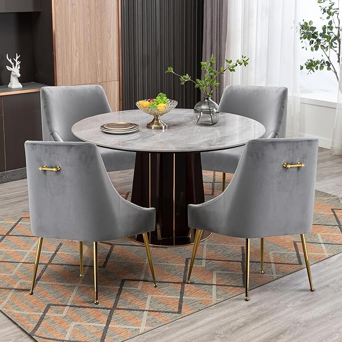 Modern Velvet Dining Chairs Set of 6, Contemporary Upholstered Furniture Collection with Polished Gold Metal Legs, Elegant Accent Chairs for Kitchen Living Room(Grey)