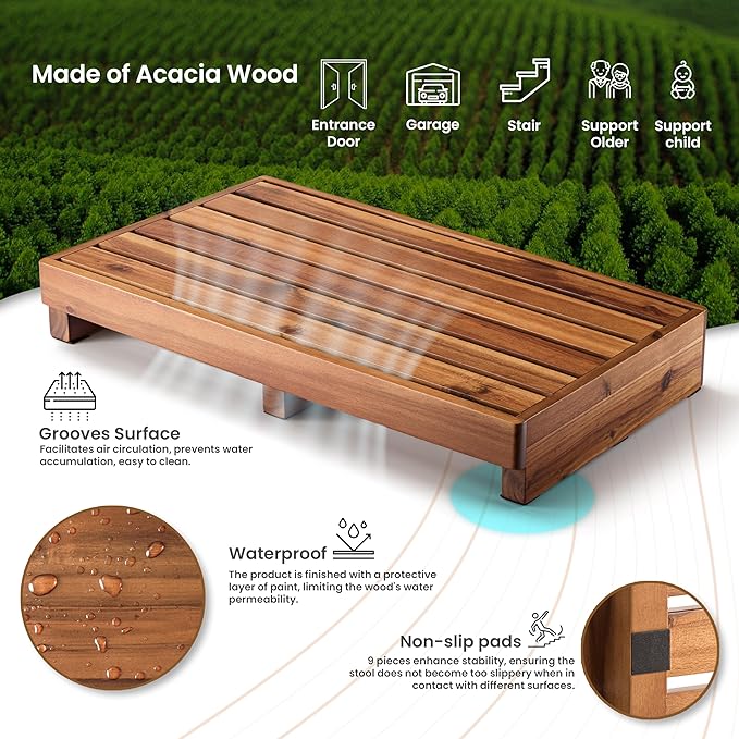 TINAMO 3.5" One Step Stool for Elderly, Acacia Wood High Riser Step Stool for Bed - 550 Lbs Wooden Mobility Stepping Stools for Adults, Kids/Bedside, Bathroom, Kitchen, Garden (Acacia, 3.5" Height)