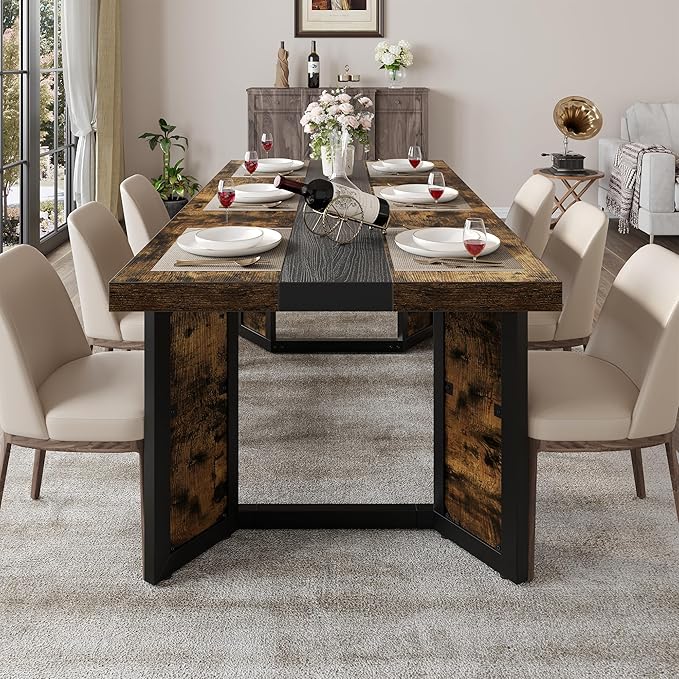 Industrial Dining Table for 6-8 People, 71" Large Long Wooden Kitchen Table with Sturdy Metal Frame & Brown Finish, Rustic Style Rectangular Dinner Table for Dining Room, Kitchen (Vintage Brown)