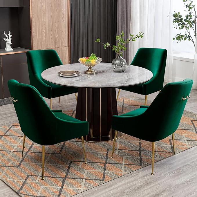 Modern Velvet Dining Chairs Set of 4, Contemporary Upholstered Furniture Collection with Polished Gold Metal Legs, Elegant Accent Chairs for Kitchen Living Room(Green)