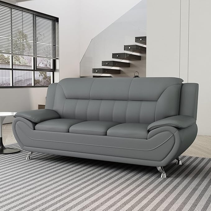 Container Furniture Direct Michael Modern Faux Leather Upholstered Stainless Steel Legs Living Room Sofa, Chair, Gray
