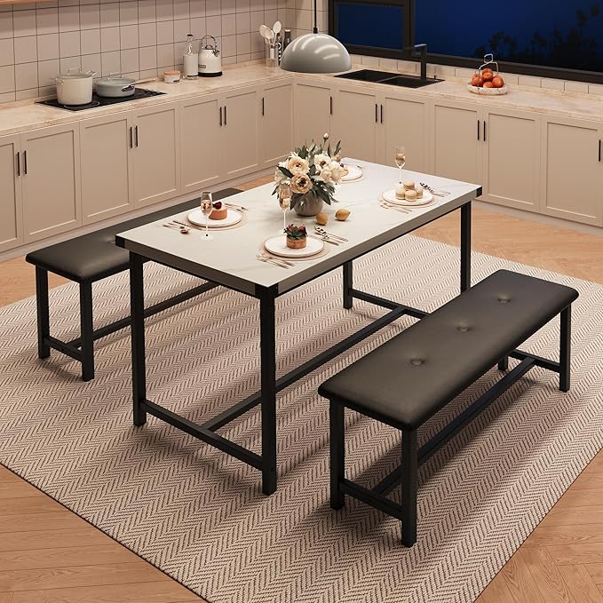 Dining Table Set for 4, Kitchen Table with 2 Upholstered Benches, 3-Piece Dining Room Set for Kitchen, Apartment and Small Spaces, Marble White