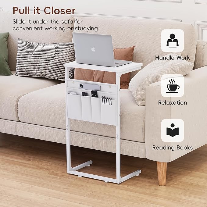 Vagusicc C Shaped End Table, Set of 2, Small Side Table for Couch, Couch Side Table TV Tray Arm C Tables for Small Space, Sturdy Slide Under Sofa Tables with Metal Frame for Living Room Bedroom, White