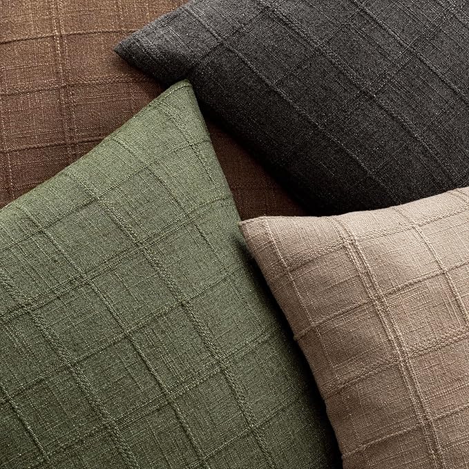 Foindtower Set of 2 Decorative Linen Check Throw Pillow Covers Neutral Farmhouse Lumbar Cushion Covers Modern Boho Home Decor for Sofa Chair Couch Bedroom Living Room Outdoor,12×20 Inch,Olive Green