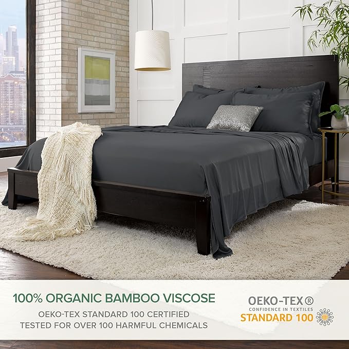 Split King Sheets by Pure Bamboo, Genuine 100% Organic Viscose Derived from Bamboo Bed Sheet Set, Soft & Cooling, Double Stitching *Not for Split Top (Split King, Charcoal)
