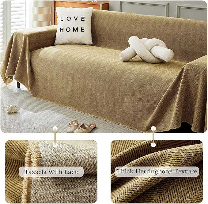 STACYPIK Yellow Sofa Cover for Dogs, Chenille Non-Slip Couch Cover for Pets, Washable Loveseat Cover for Sectional, Soft Jacquard Furniture Protector for 3 Cushion Couch, Couch Throw Blanket-91X134IN