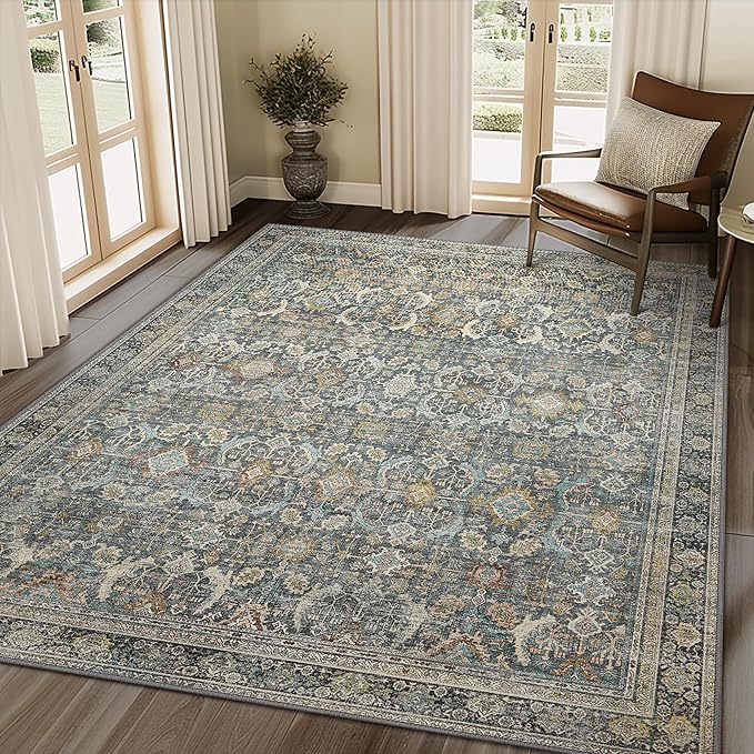 10X14 Area Rugs Machine Washable Rugs for Living Room, Vintage Boho Large Rugs for Bedroom Dining Room, Non Slip Indoor Soft Distressed Lightweight Thin Low Pile Carpet, Terracotta
