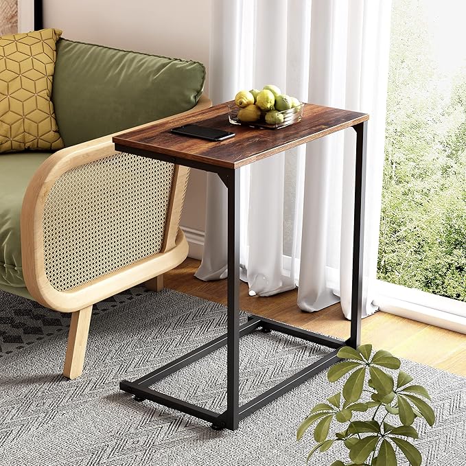 WLIVE C-Shaped End Table, Small Side Tables for Sofa, Wide Couch Table That Slide Under, Laptop Snack Table for Living Room, Bedroom, Home Office, Retro Brown